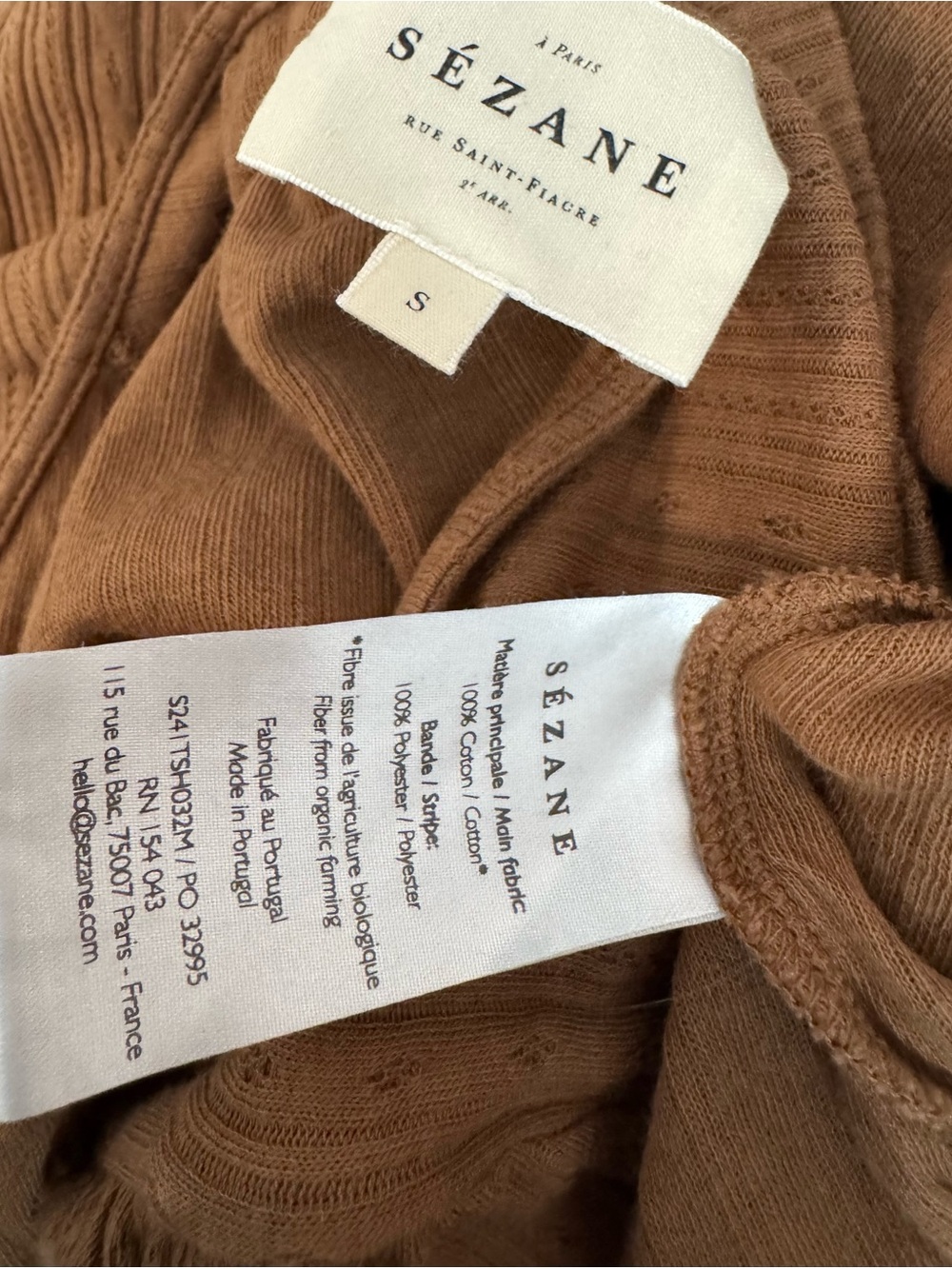 Sezane CLÉA T-SHIRT pointelle lace trim shortsleeve coquette Sz S coffee brown - Picture 3 of 6